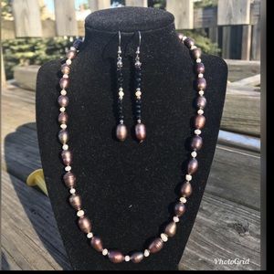 Freshwater Brown Pearl, Black Glass Earrings and Necklace